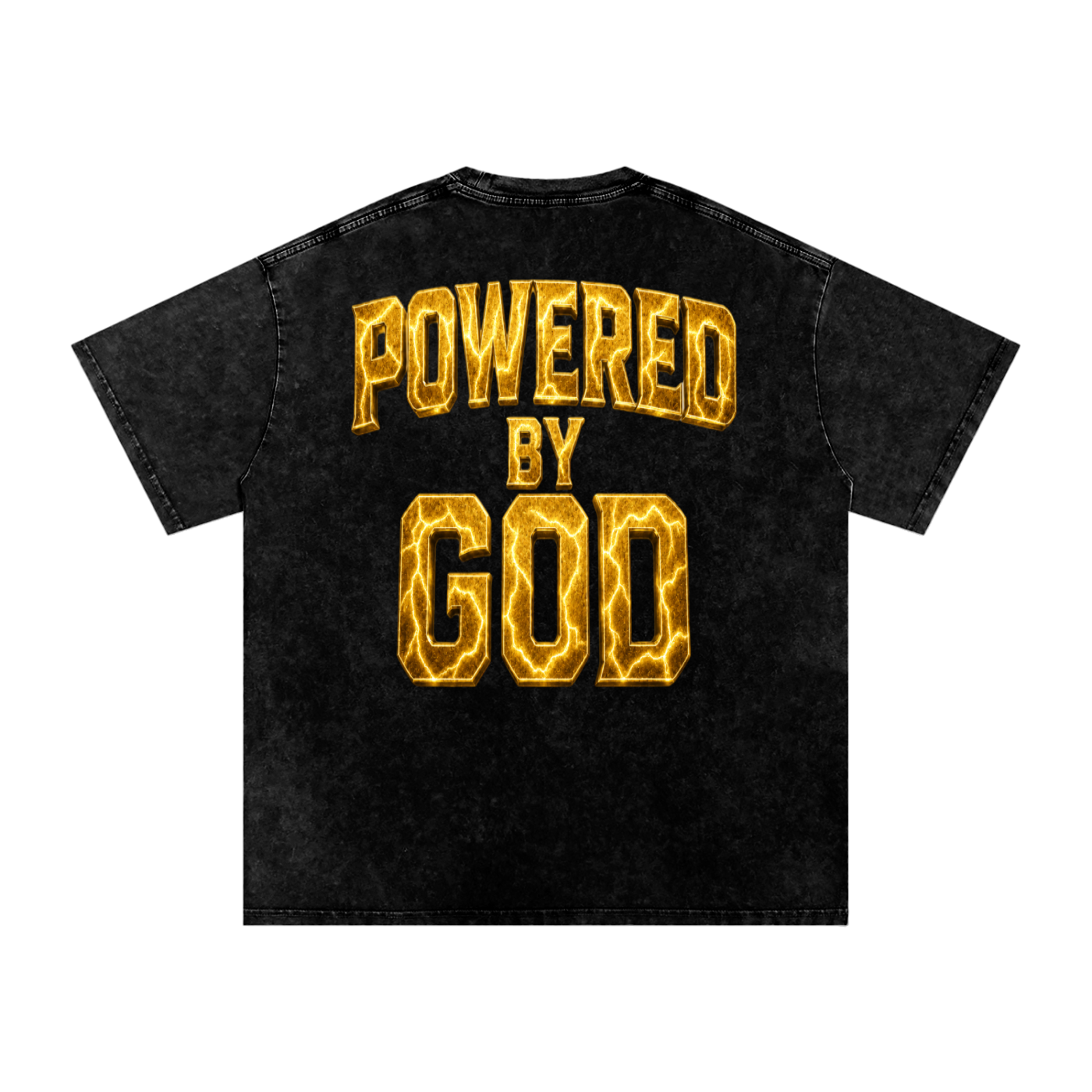 Black t-shirt with 'POWERED BY GOD' text in gold on a white background