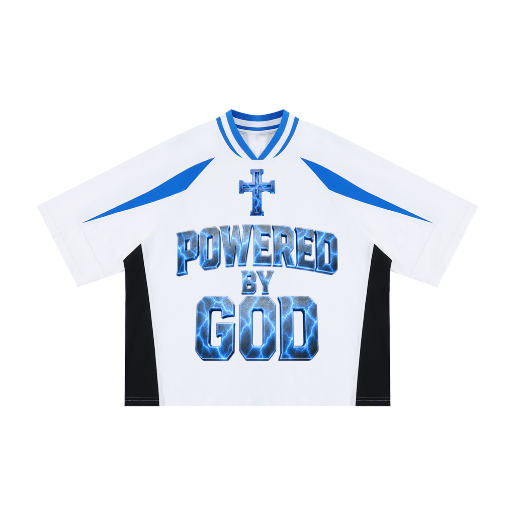 Y2K STYLE POWERED BY GOD LOGO Oversize Box V-neck Tee